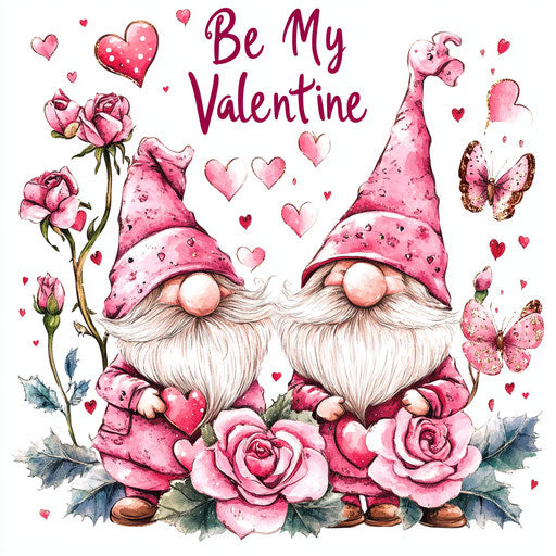 Three gnomes with pink roses, hearts, and butterflies, Valentine's Day theme