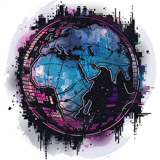 Modern flat tattoo sketch of a digital globe with pixelated continents, bold blacks and blues, clipart design