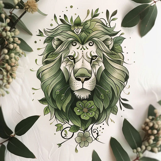 Botanical-themed tattoo sketch of the Lion of Judah