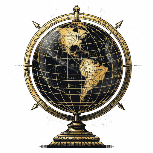 Elegant flat tattoo sketch of a globe with golden longitude and latitude lines, clipart style