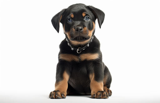 Black and brown rottweiler puppy on white background