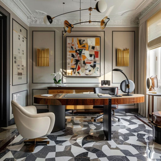 Stylish home office with designer furniture and modern lighting