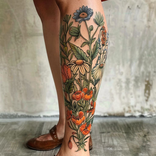 Botanical illustrations inspired by Maria Sibylla Merian for women's leg tattoos