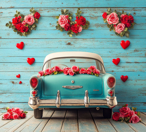 3D vintage car with roses and hearts wall art on blue wooden background, Valentine's Day theme