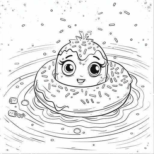 A cute donut character swimming in a pool of sprinkles. Coloring book page