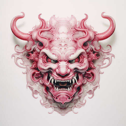 Japanese demon tattoo in light pink and maroon, meticulous sketches