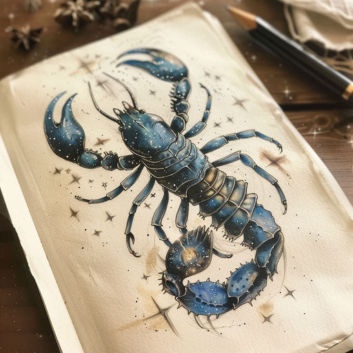 Cosmic scorpion tattoo design with stars and nebulae