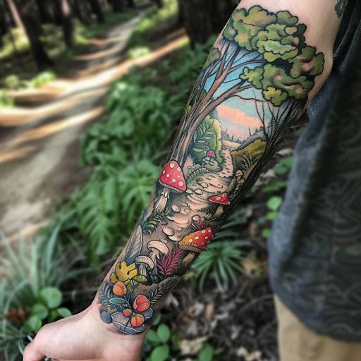 Natural tattoos with a cartoonish style, inspired by Steve Sack