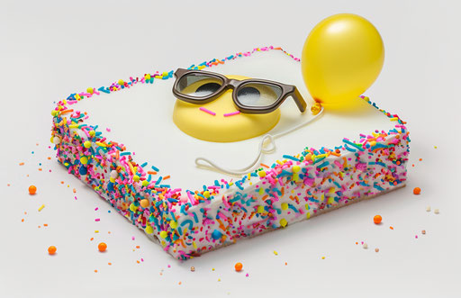 White cake with sprinkles and sunglasses emoji