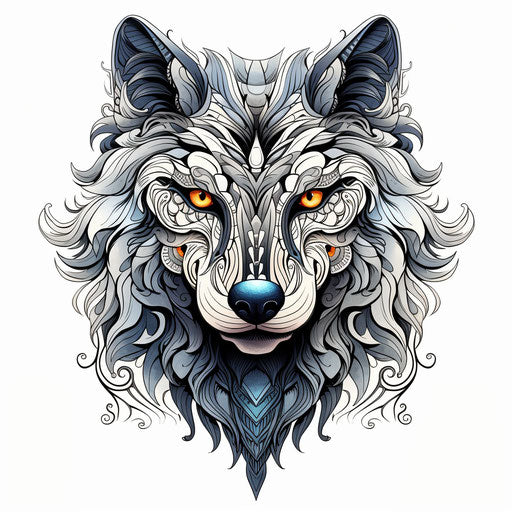 Wolf head with ornamental pattern in foreground