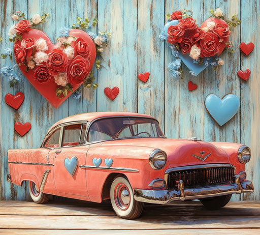 Vintage car with heart-shaped windows and red roses