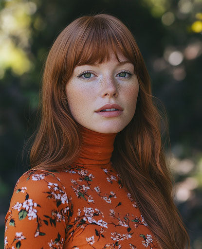 Woman with long ginger hair in orange floral turtleneck against woodland