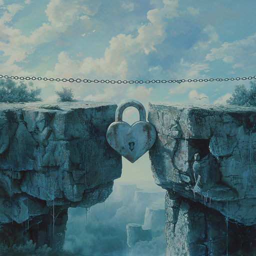 Heart-shaped lock between two cliffs bridging a chasm