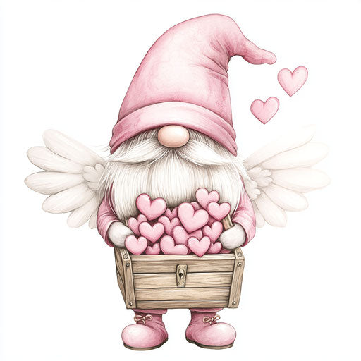 Cute pink Valentine's Day gnome with heart-shaped treasure