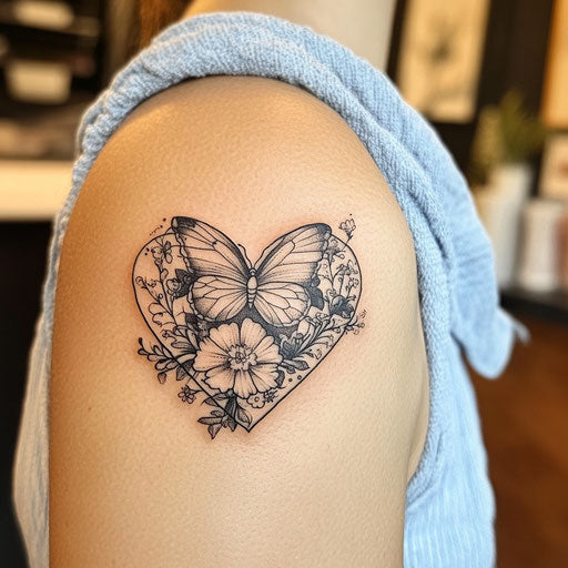 Mom heart tattoo with delicate floral accents and a butterfly in the style of Maria Sibylla Merian