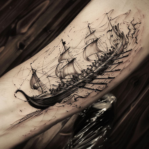 Sophisticated ancient galley sketch with rowers