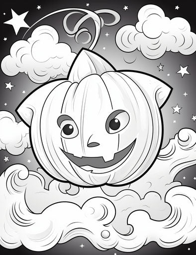 Pumpkin coloring page with moon and stars, 70mm style