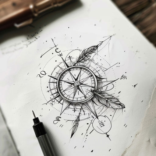Artistic sketch of a compass with a feather