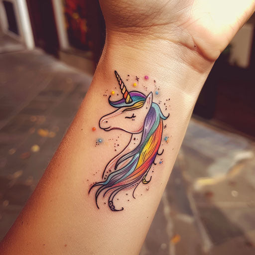 Sketch of a dreamy unicorn with rainbow mane for wrist coverup tattoo for women