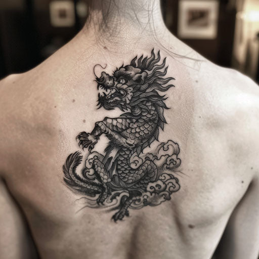 Black and white foo dog tattoo