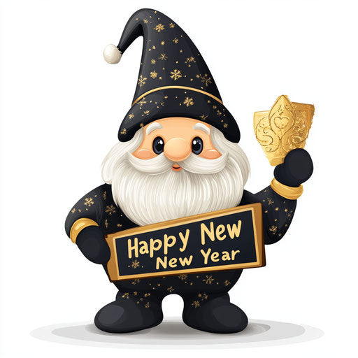 Black and gold gnome with Happy New Year 2025 sign