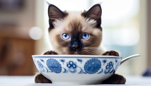 Siamese kitten by basket in white bedroom decor