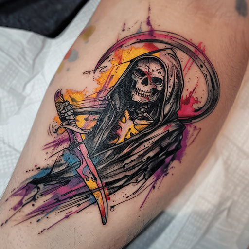 Expressionist reaper tattoo with bold colors and emotional expression.
