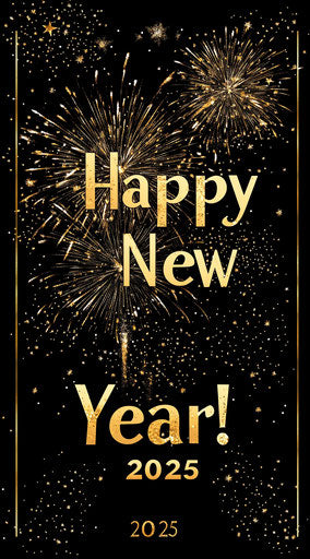 Happy New Year 2025! Golden fireworks on black background