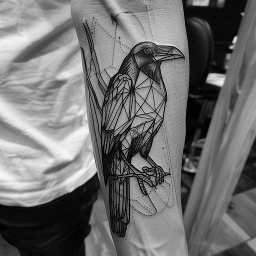 Outline tattoo of a raven, in the style of Adrian Smith