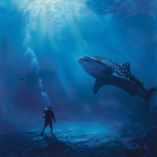 Whale shark and diver in peaceful coexistence underwater