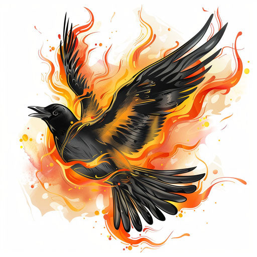 Flat clipart style tattoo sketch of a blackbird with fiery orange and yellow flames, emphasizing motion and energy