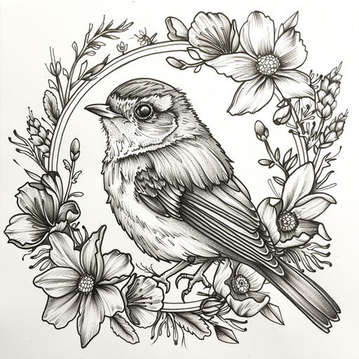 Elegant flat tattoo sketch of a robin surrounded by intricate floral wreaths
