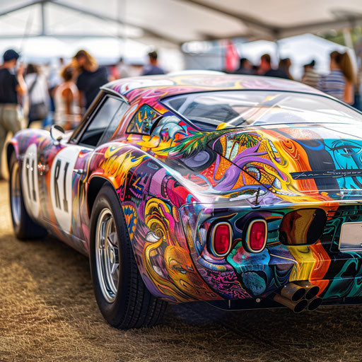 Shelby Daytona car covered in vibrant hand-painted mural