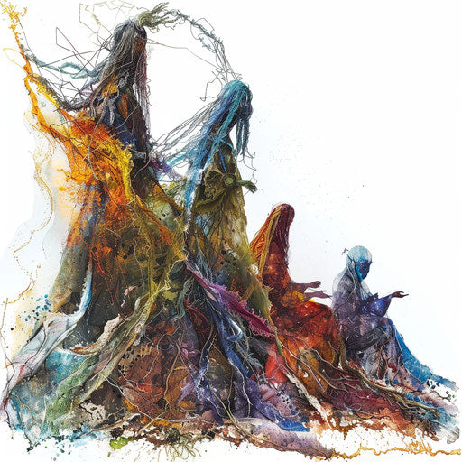 The Norns weaving the thread of life with symbolic colors