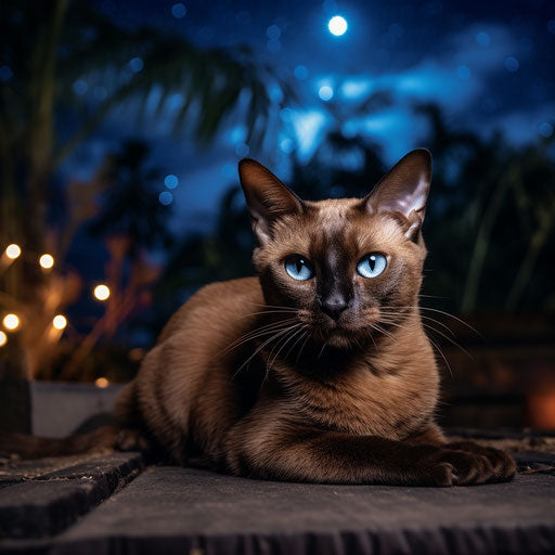 Burmese cat lying outside at night