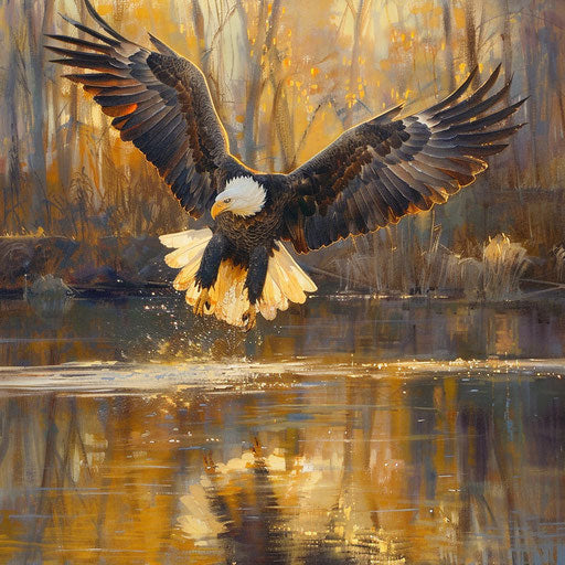 Bald eagle taking flight from a riverside perch