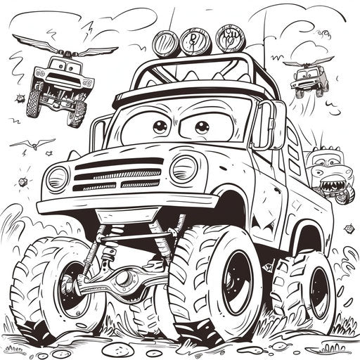 Playful cartoon truck with animated characters, coloring book page