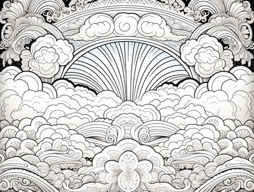 Rainbow coloring page with cloud and paisley pattern