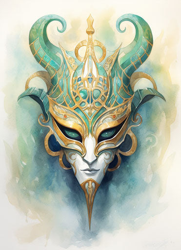 Egyptian mask with horns and eye in gold and emerald style