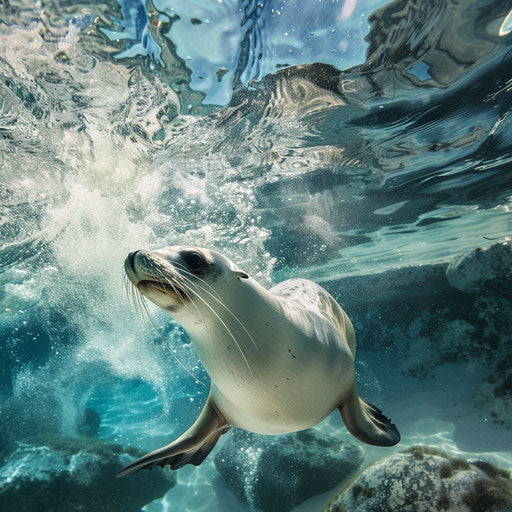 Sea lion dives underwater, dynamic action shot
