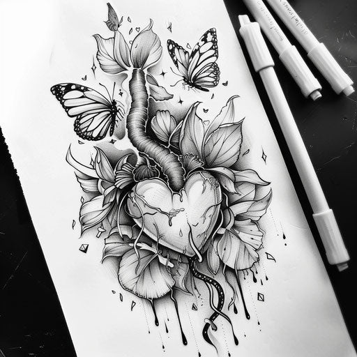 Vibrant flat tattoo sketch of a crying heart surrounded by butterflies and soft petals