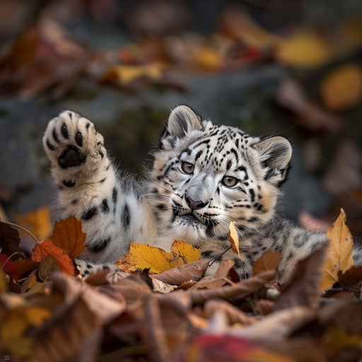 A snow leopard cub playing with autumn leaves in a rare, serene forest