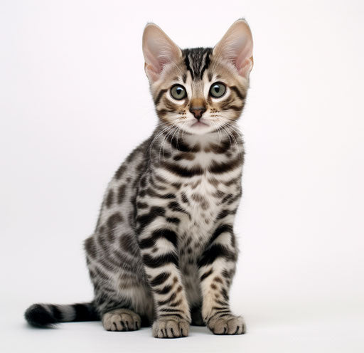 Tabby bengal kitten sitting with raised front legs, white background, dark silver and light maroon style, interlaced figures, mallgoth, dotted, booru, smooth lines 28:27