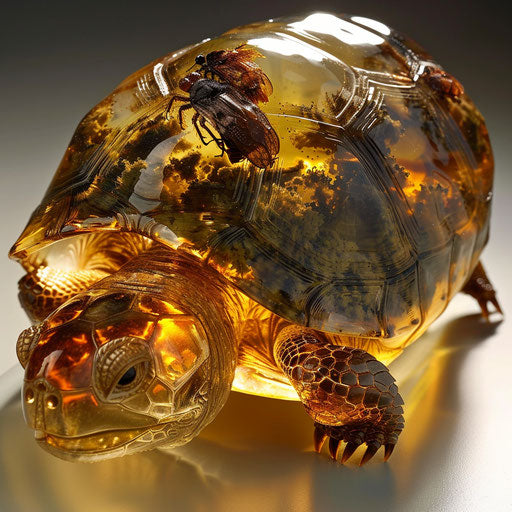 A turtle with a shell made of polished amber, containing prehistoric insects