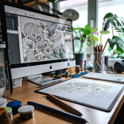 Computer setup with creative software open. Coloring book page