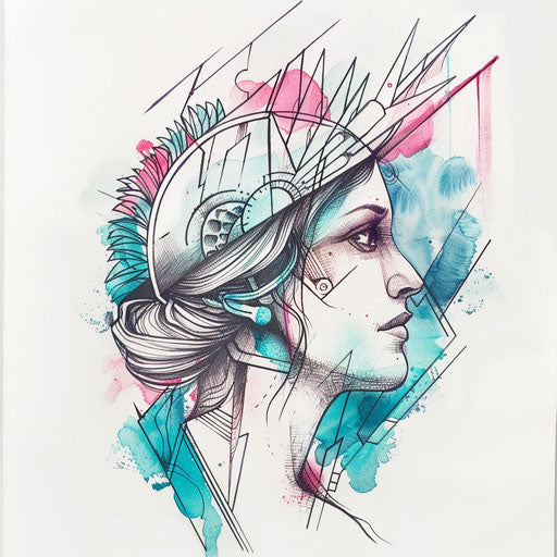 Abstract Athena tattoo design with geometric shapes and soft pastel colors on plain white background
