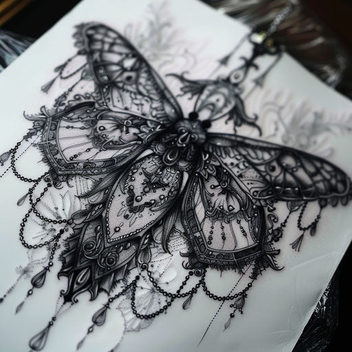 Gothic-style death moth with lace and Victorian motifs