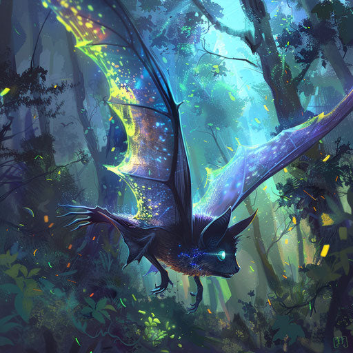 Bat with iridescent wings in a bioluminescent forest