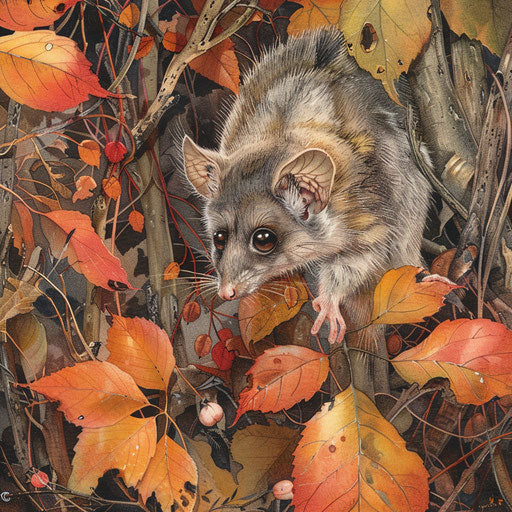 A small mountain marsupial foraging among autumn leaves
