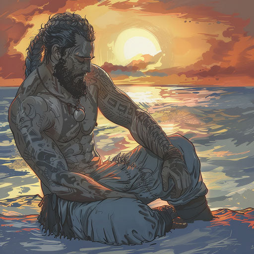 Peaceful sketch of Baldur at rest with gentle waves and setting sun in pastel